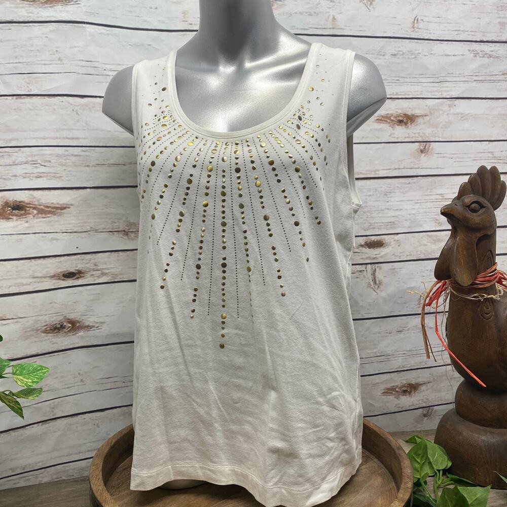 Chicos 2 Medium White Embellished Tank Top Sunburst Sleeveless Shirt Gold Detail - Picture 14 of 14